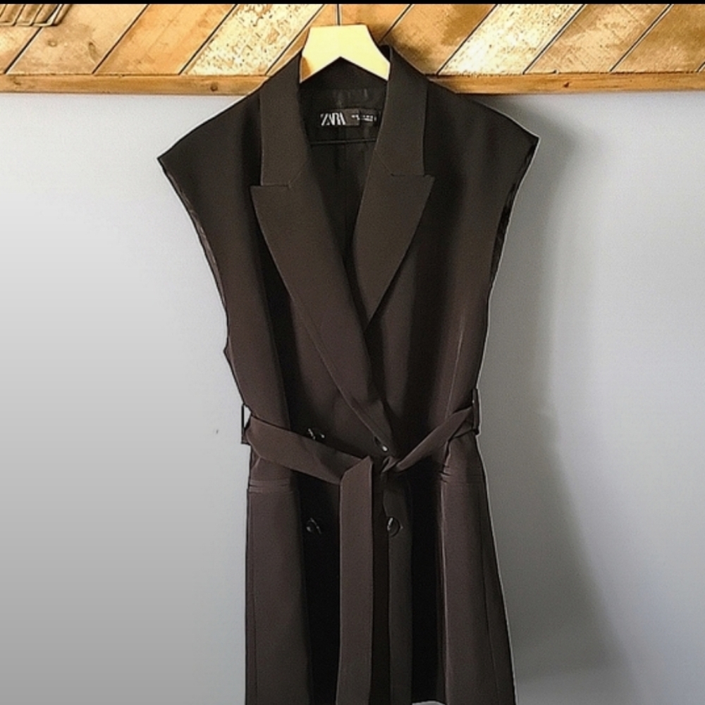 Zara Button Double Breasted  Vest/ Blazer/ Waistcoat Dress w/belt Black Size Med